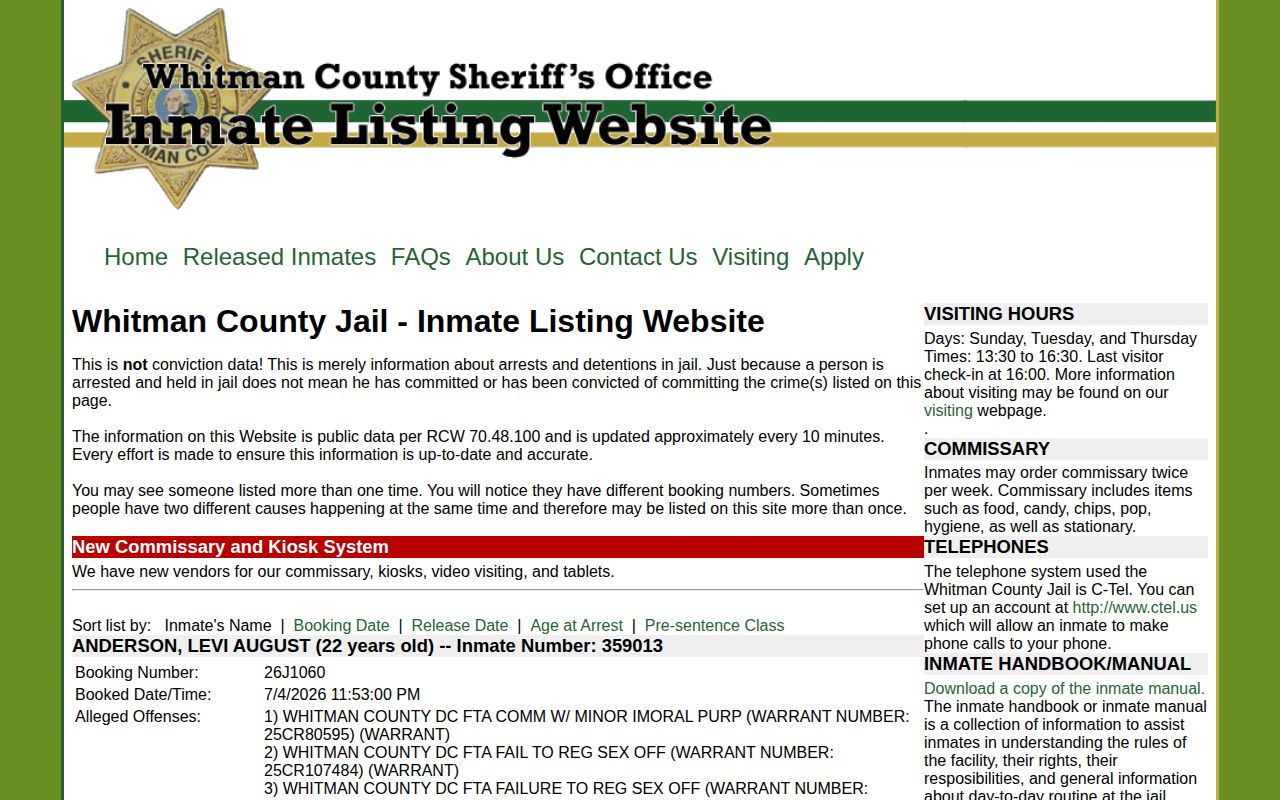 Whitman County Jail roster used for confirmed Garfield County custody checks