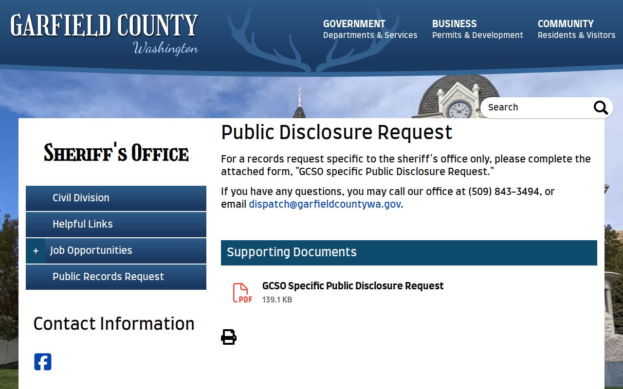 Garfield County Sheriff public disclosure request page for booking records