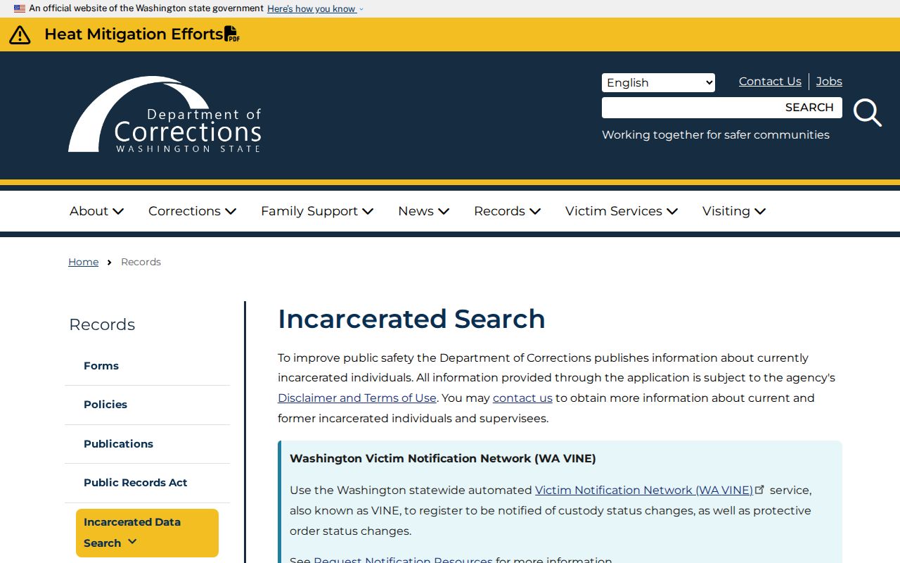Washington State Department of Corrections search form for Garfield County state custody research